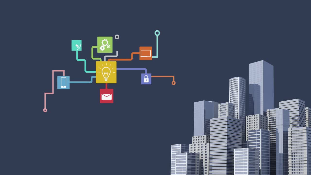 Animation of financial data processing with icons over cityscape