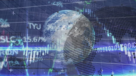 animation of financial and stock market data processing over spinning globe against tall building