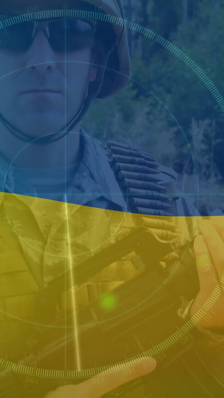 우크라이나의  ⁇ 발 위의 레이더와 카프카스 군인의 애니메이션