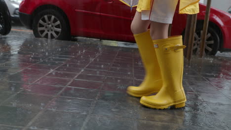 person walking in the rain with yellow rain boots