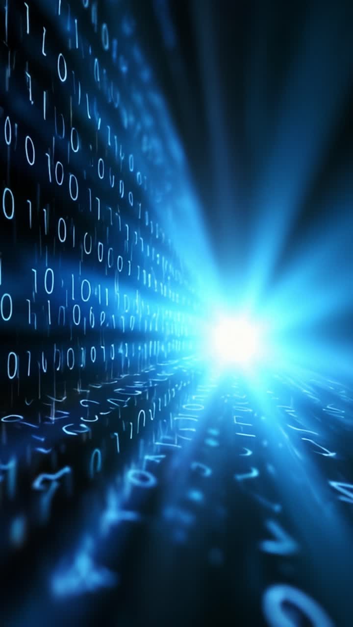 A Captivating Glimpse into the Digital World: A Dynamic Representation of Binary Data Flowing Seamlessly Amidst Brilliant Blue Light and Depth