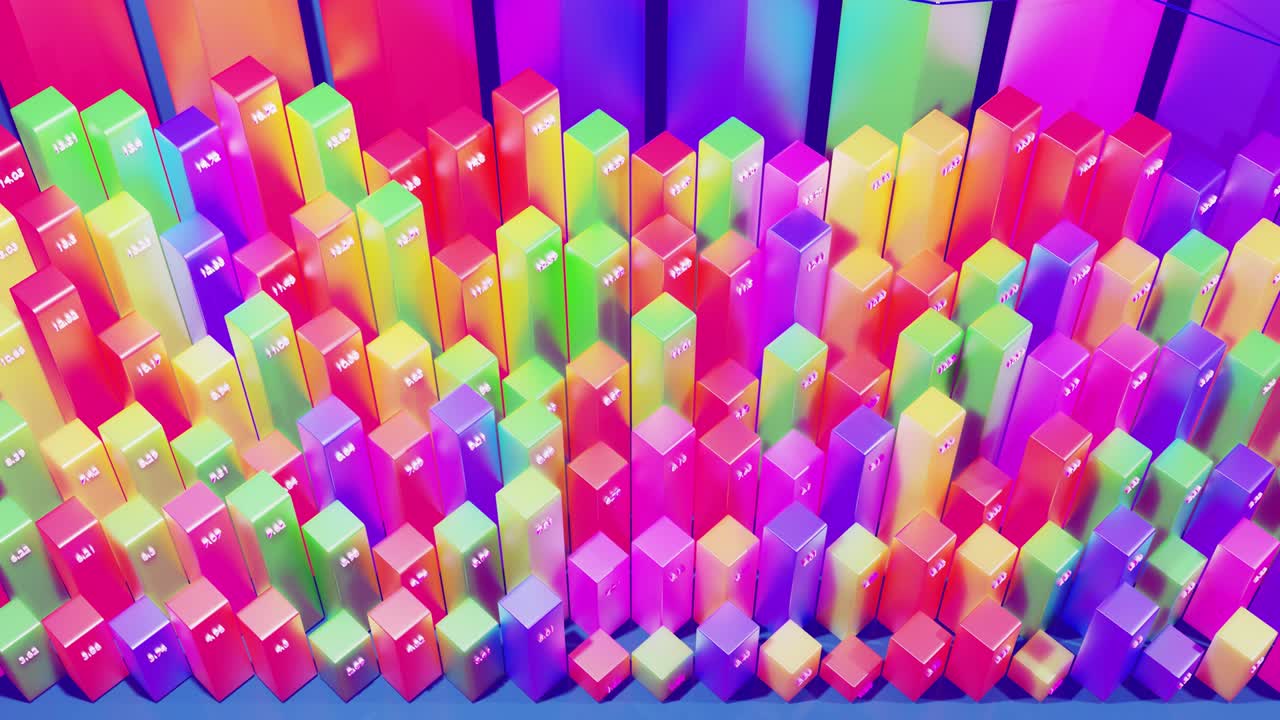 추상적인 인포그래픽, 통계 데이터, 다채로운 바, 카운터 및 그래프를 가진 분석 프로그램을위한 아름다운 3d 루프 배경 3d 열은 루프에서 부드럽게 위아래로 이동합니다.