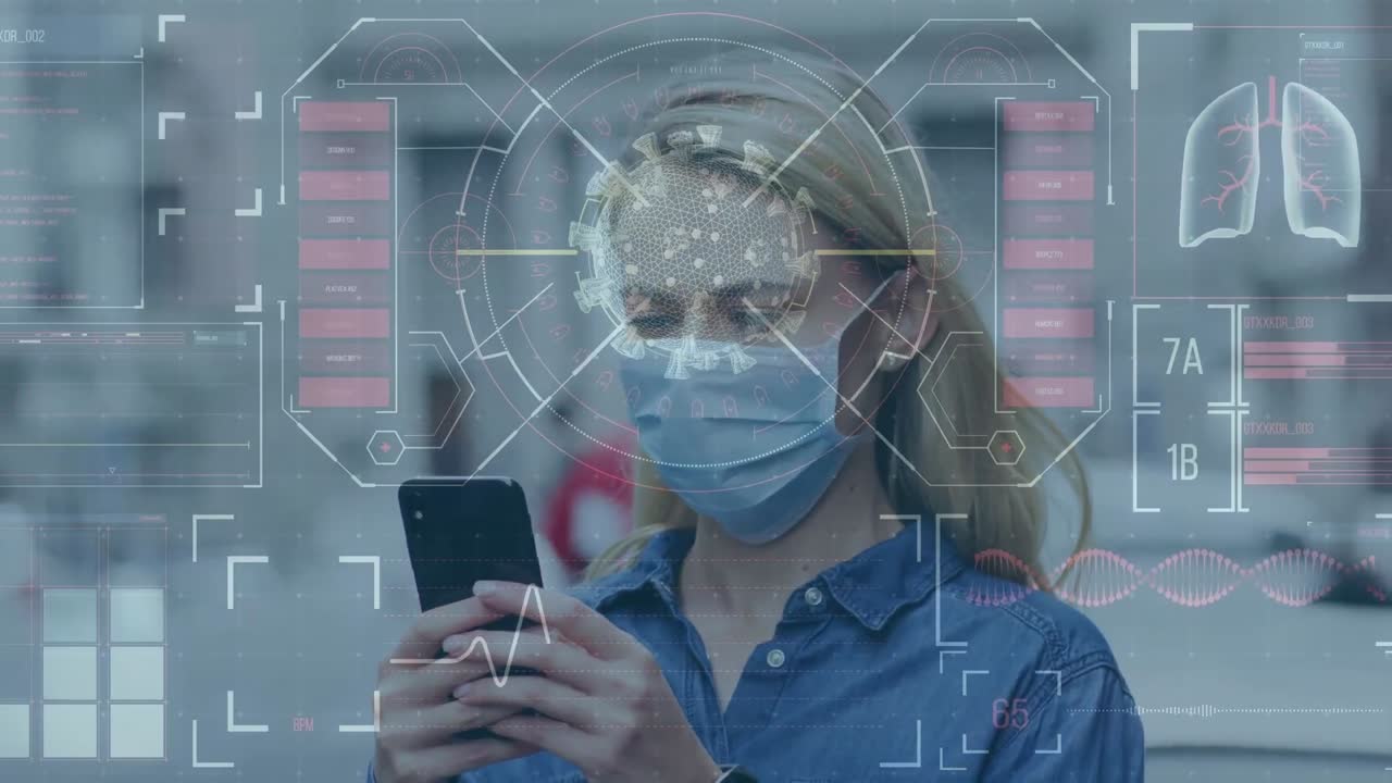 Animation of medical data processing over caucasian woman in face mask using smartphone