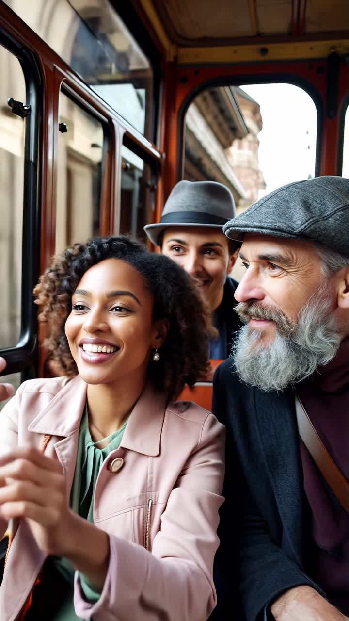 Amici che si scattano un selfie su un tram d'epoca