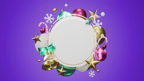 Animation-of-circle-frame-with-copy-space-and-christmas-decoration-on-purple-background