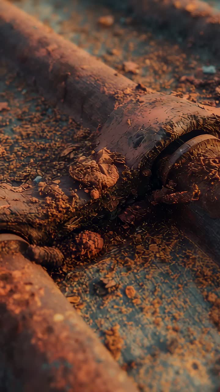 Vertical video: Pulling camera back showing rusted Tjoint on shore, showing texture, bolts, leaf