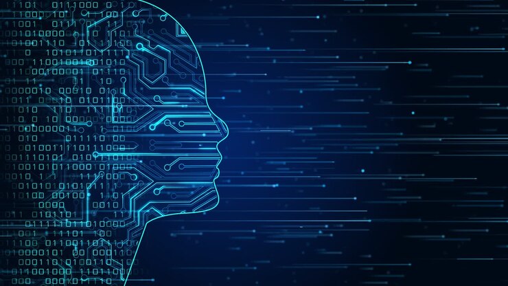 Future ai tech machine learning face outline circuit board and binary data flow on blue loop