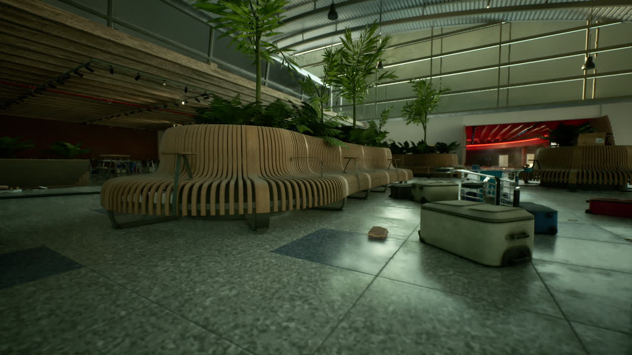 Abandoned airport terminal with scattered luggage and overgrown plants