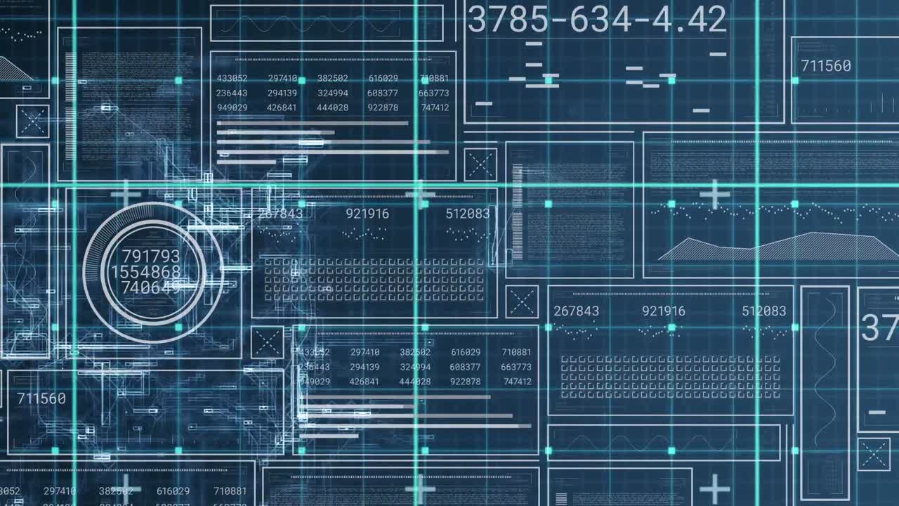 Animation of loading bars and circles, graphs over abstract pattern against blue background