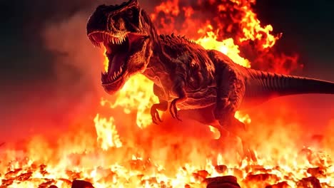 a t-rex in front of a raging fire