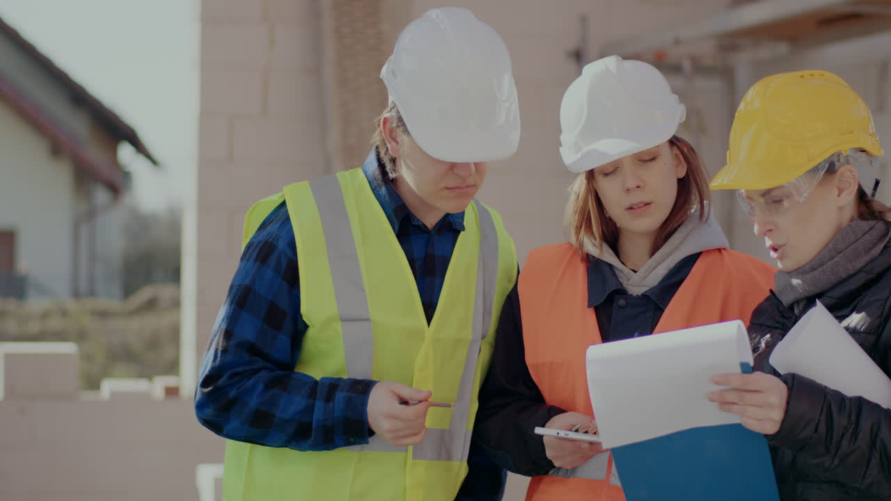 Young female and male construction coworkers discussing over document on clipboard with contractor wearing hardhats planning together at site