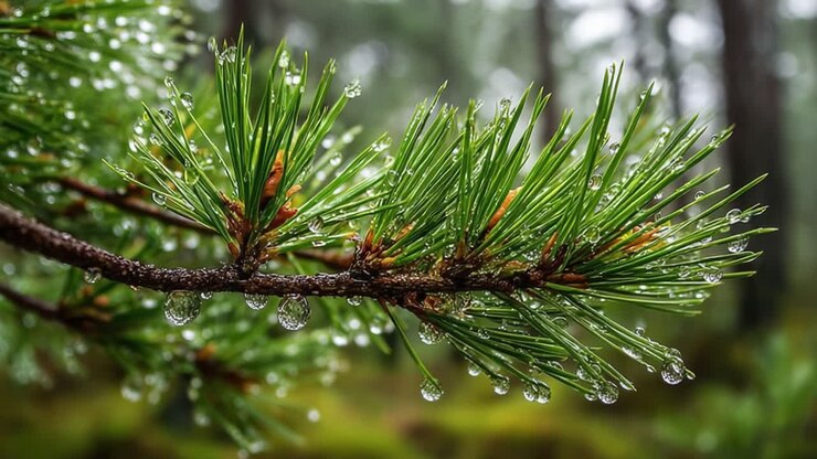 Et nærbilde av en furugren prydet med vanndråper etter et forfriskende regn, som viser skjønnheten i naturens forfriskende nedbør