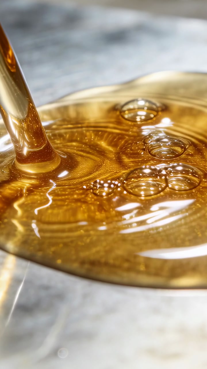 Pouring golden syrup stream from upper-left forming spreading pool on gray marble, rippling bubbles
