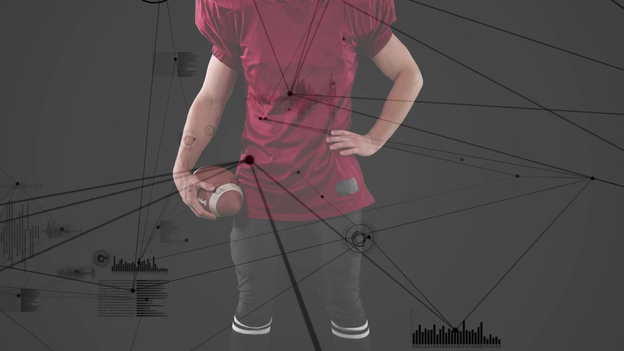 Athlete shifting stance and rotating ball activating data charts animating for sports analytics