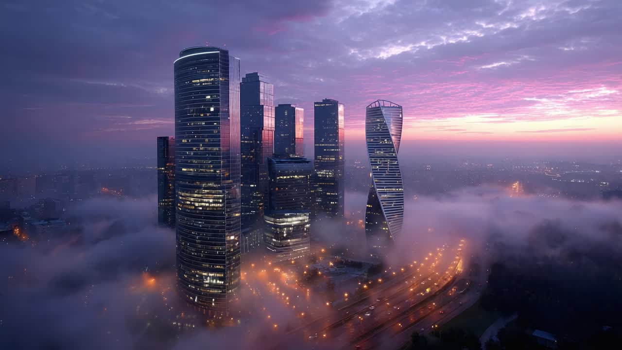 Aerial View of Skyscrapers Emerging from Morning Fog with Dramatic Sky at Dawn Highlighting the Modern Architectural Landscape