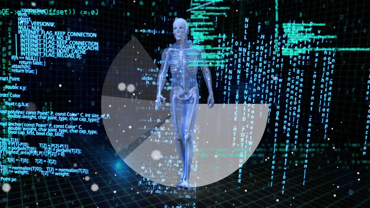 Animation of data processing over human body and pie chart