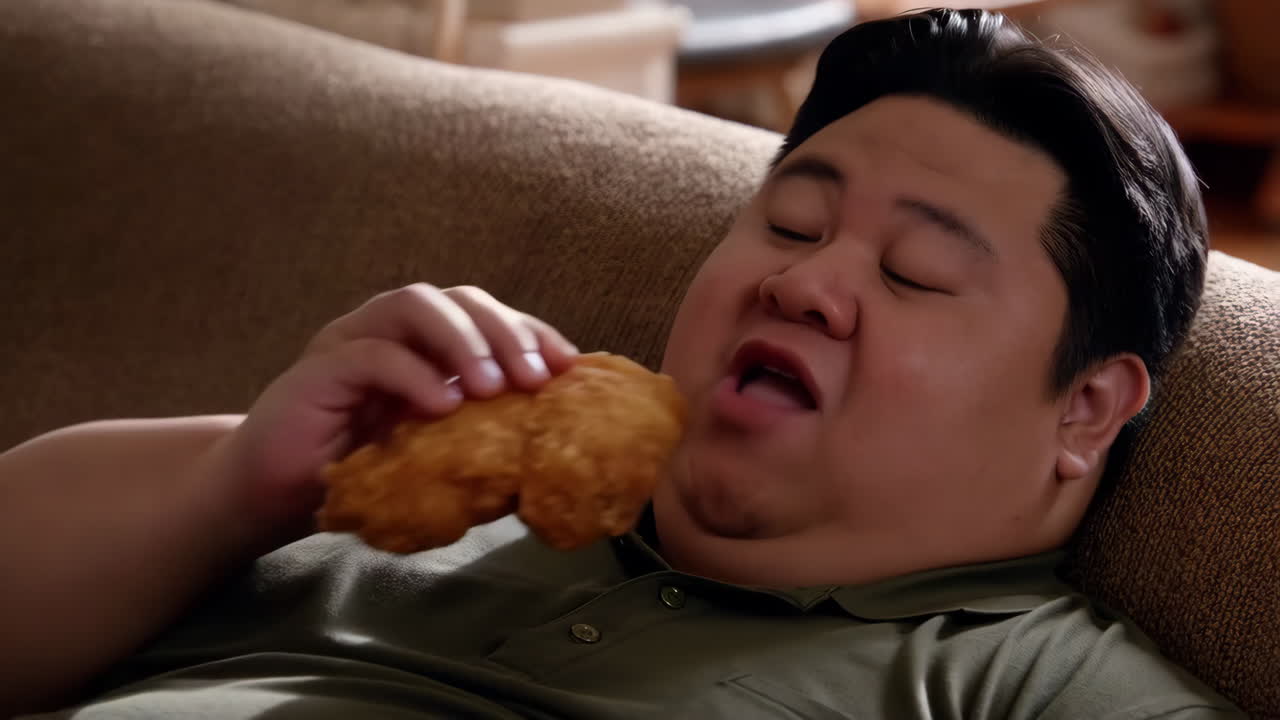 Man eating fried chicken on a couch