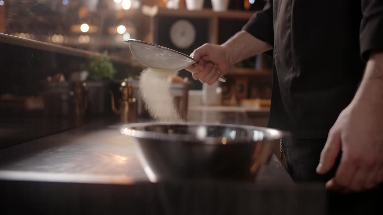 Chef che setaccia la farina