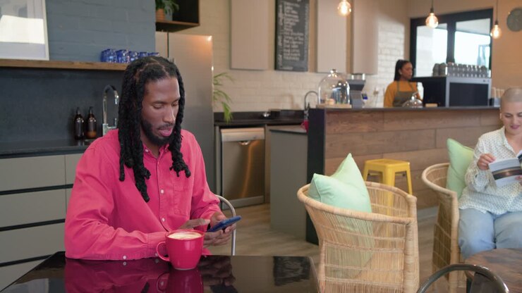 Adult African American man picking smartphone, speaking and scrolling at cafe barista serving woman