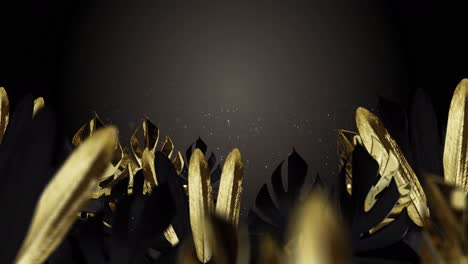 animation of gold tropical leaves with particles flying on brown background