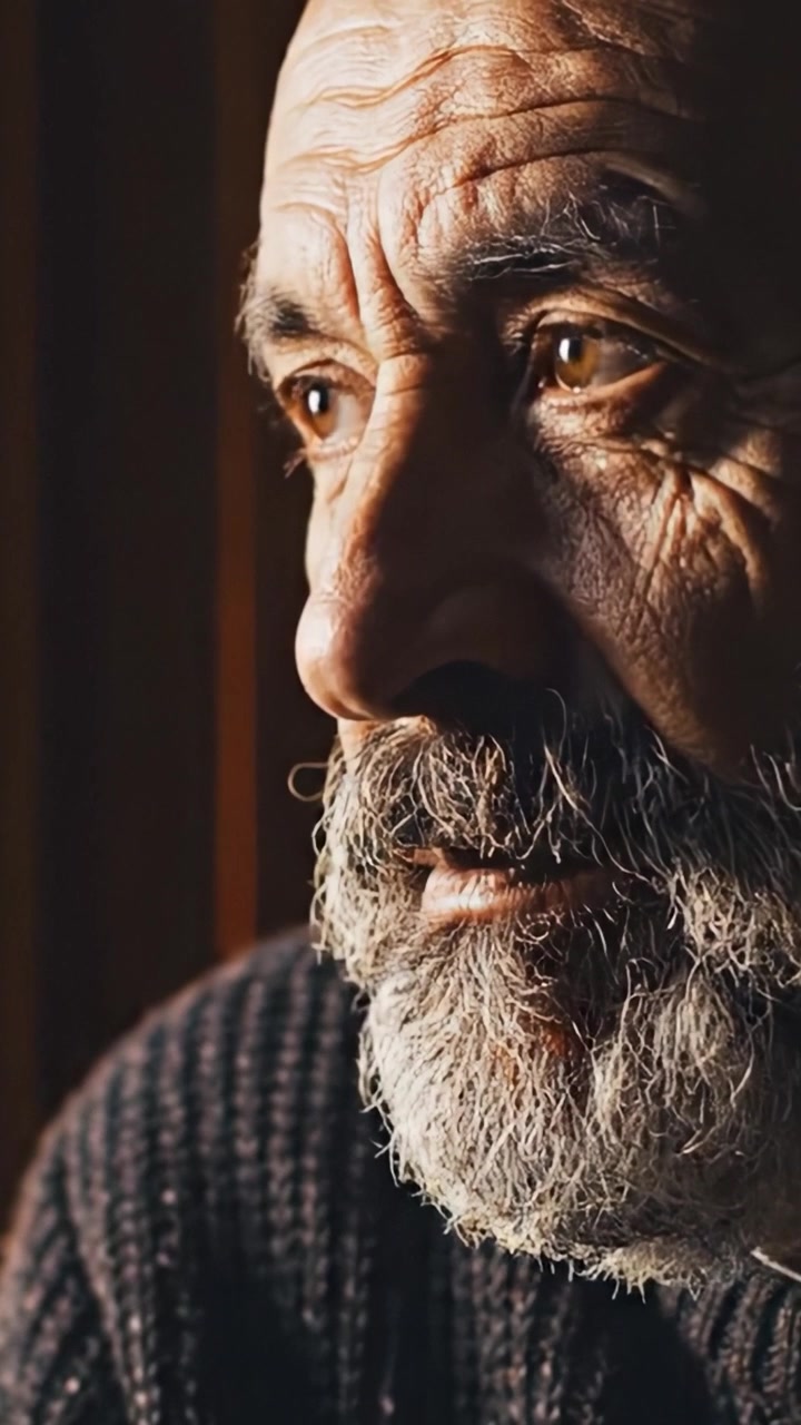Un anziano pensieroso riflette di profilo, catturando la profondità della saggezza e dell'esperienza attraverso il suo sguardo intenso, su uno sfondo caldo e naturale