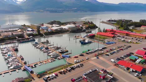 4K-Drone-Video-of-Fishing-Village-in-Valdez,-AK-during-Sunny-Summer-Day