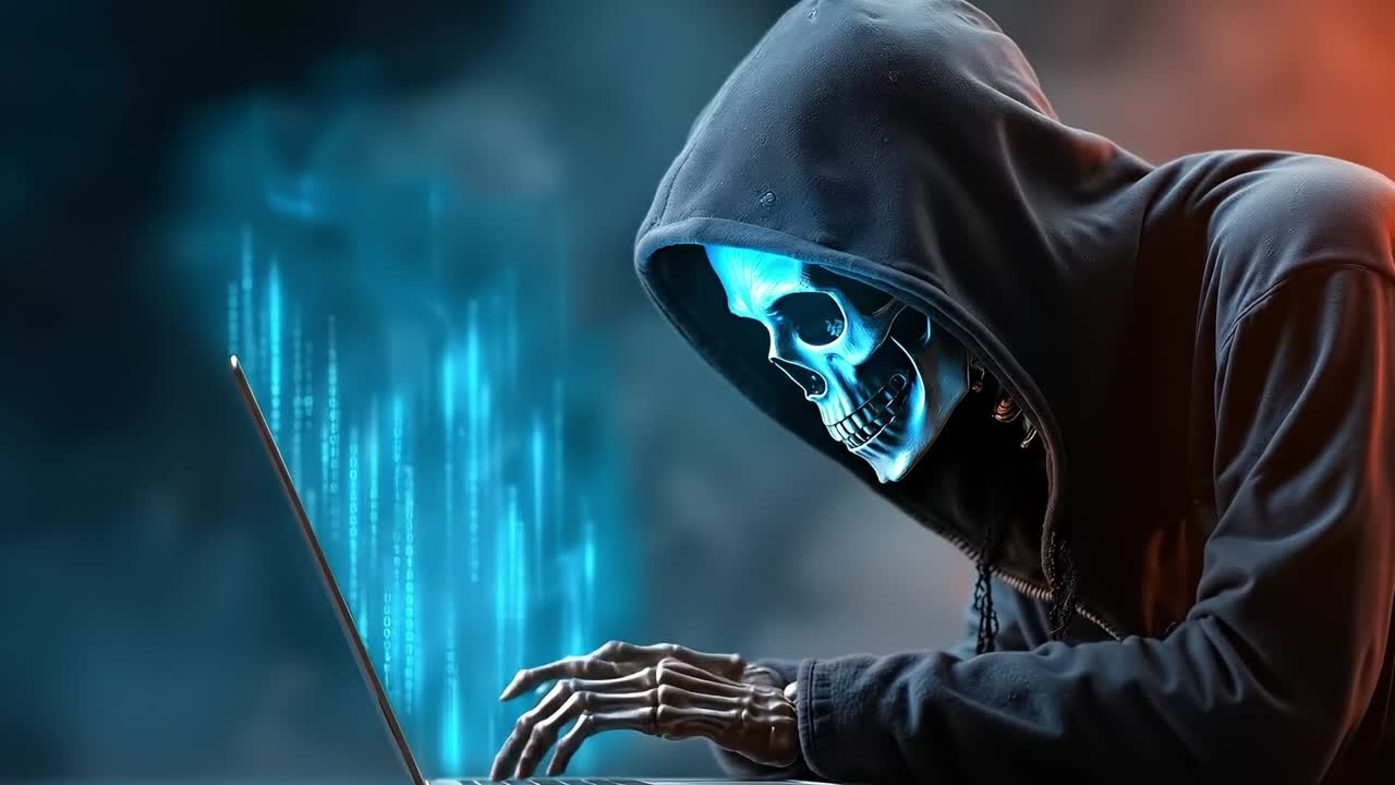A person in a hoodie using a laptop computer with a skull on the screen