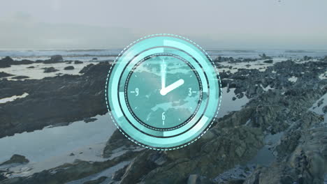 overlaying clock animation on rocky coastal landscape with ocean waves crashing