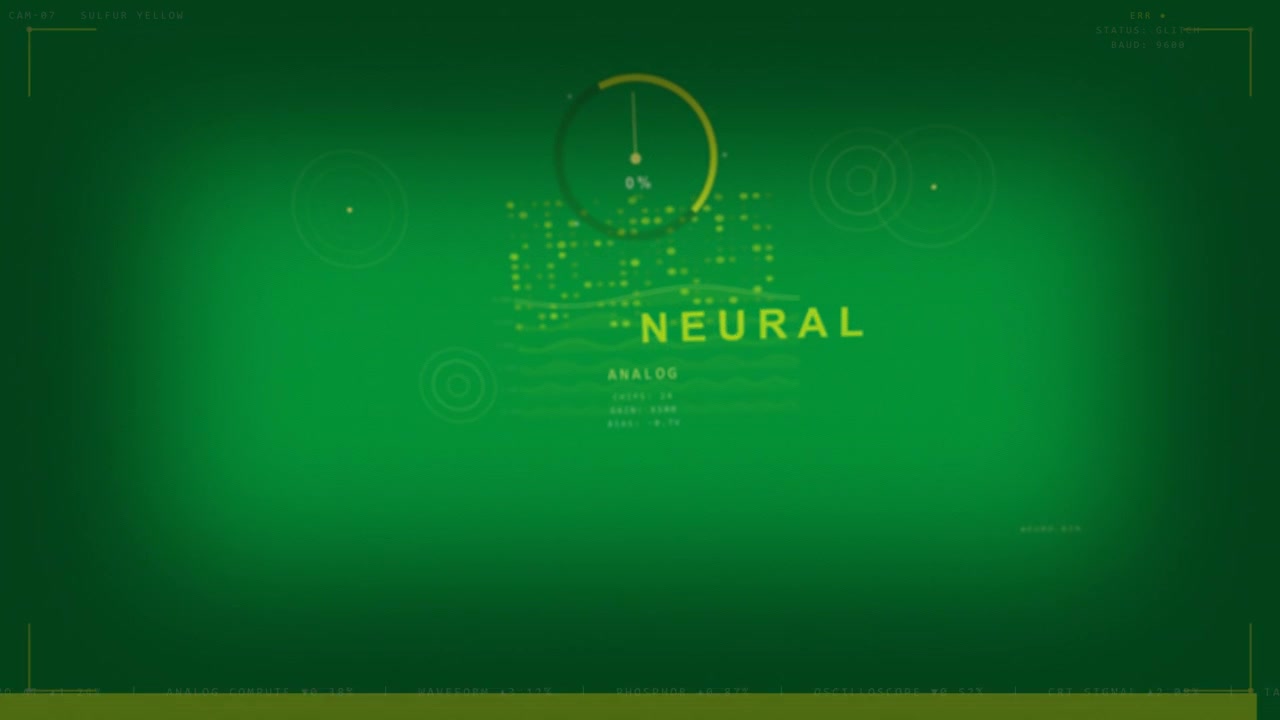 Booting neural HUD animating on transparent background, dots forming, needle moving, revealing data