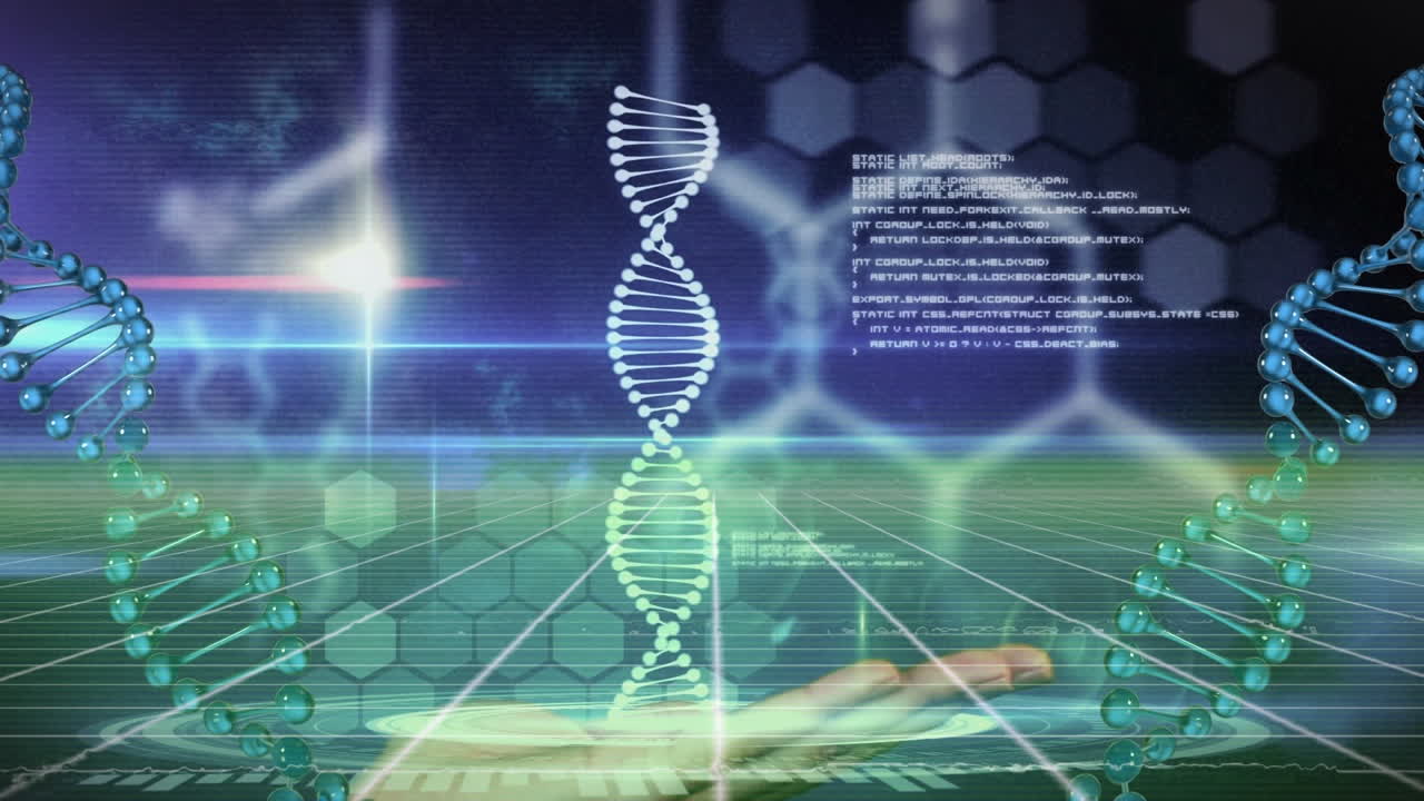Animation of chemical and dna structure spinning over a hand against light spot on blue background