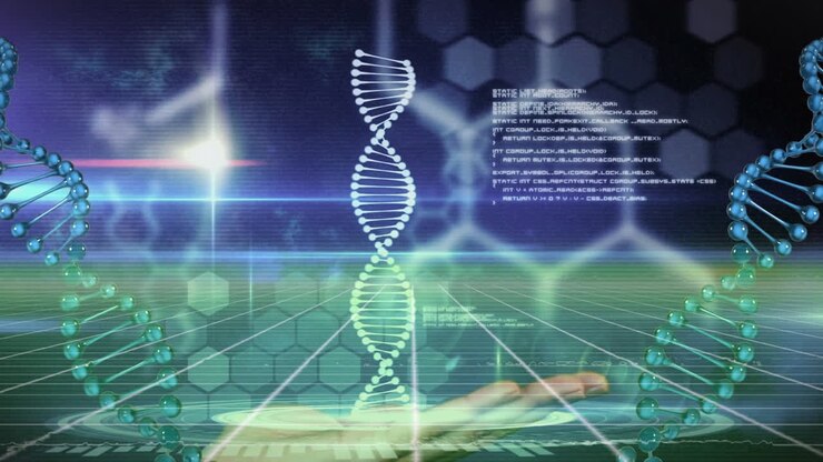 Animation of chemical and dna structure spinning over a hand against light spot on blue background