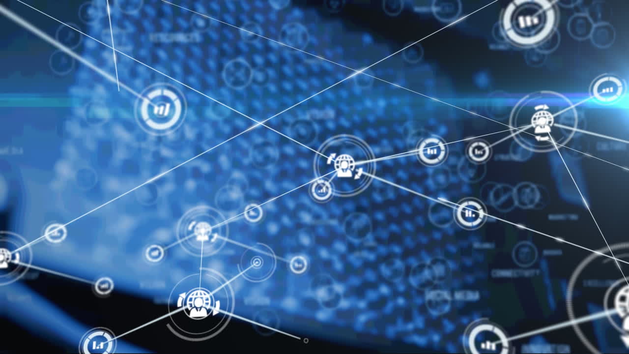 animación de la red de conexiones con iconos de procesamiento de datos y senderos de luz azul brillante