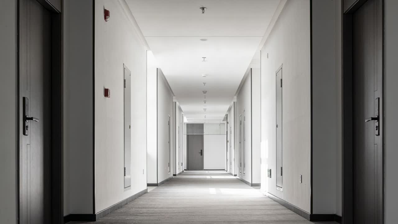 Avvio della registrazione, telecamera bassa che riprende un corridoio in moquette in hotel, con allarme antincendio.