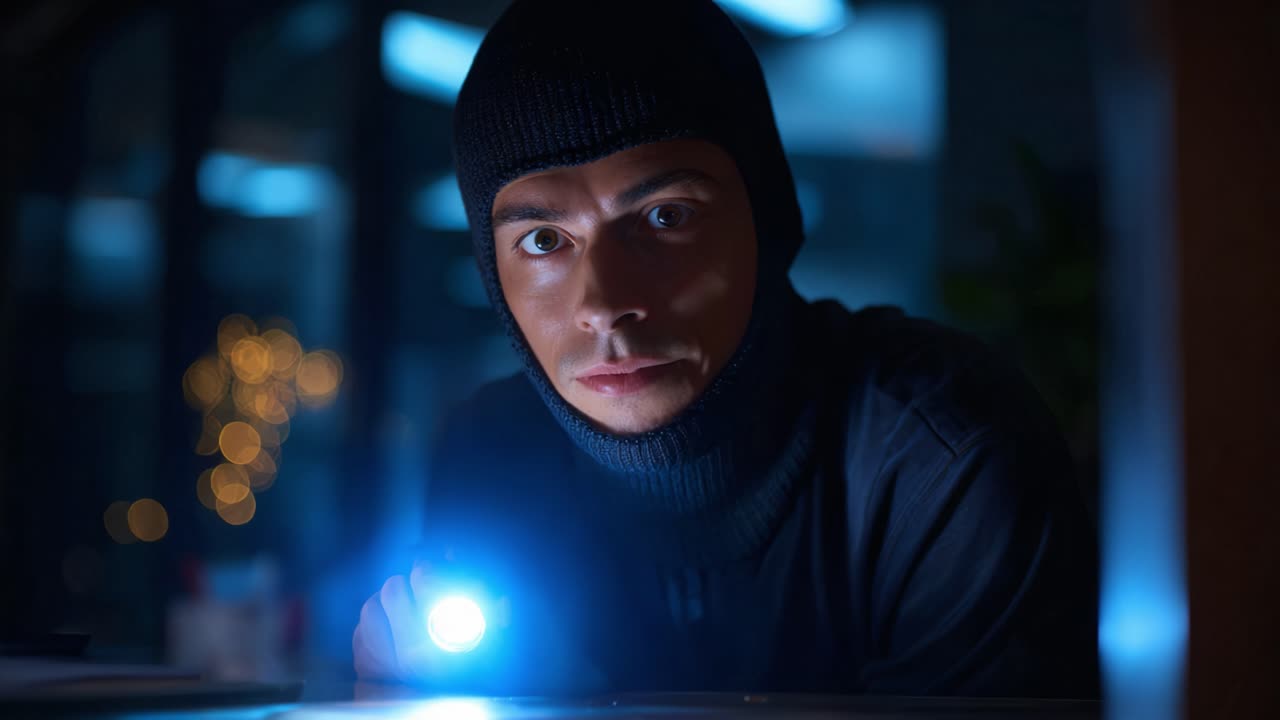 懐中電灯に照らされた謎の人物。暗い部屋でバラクラバを着用し、集中した表情を見せる侵入者は、緊迫した意図を示唆しています。