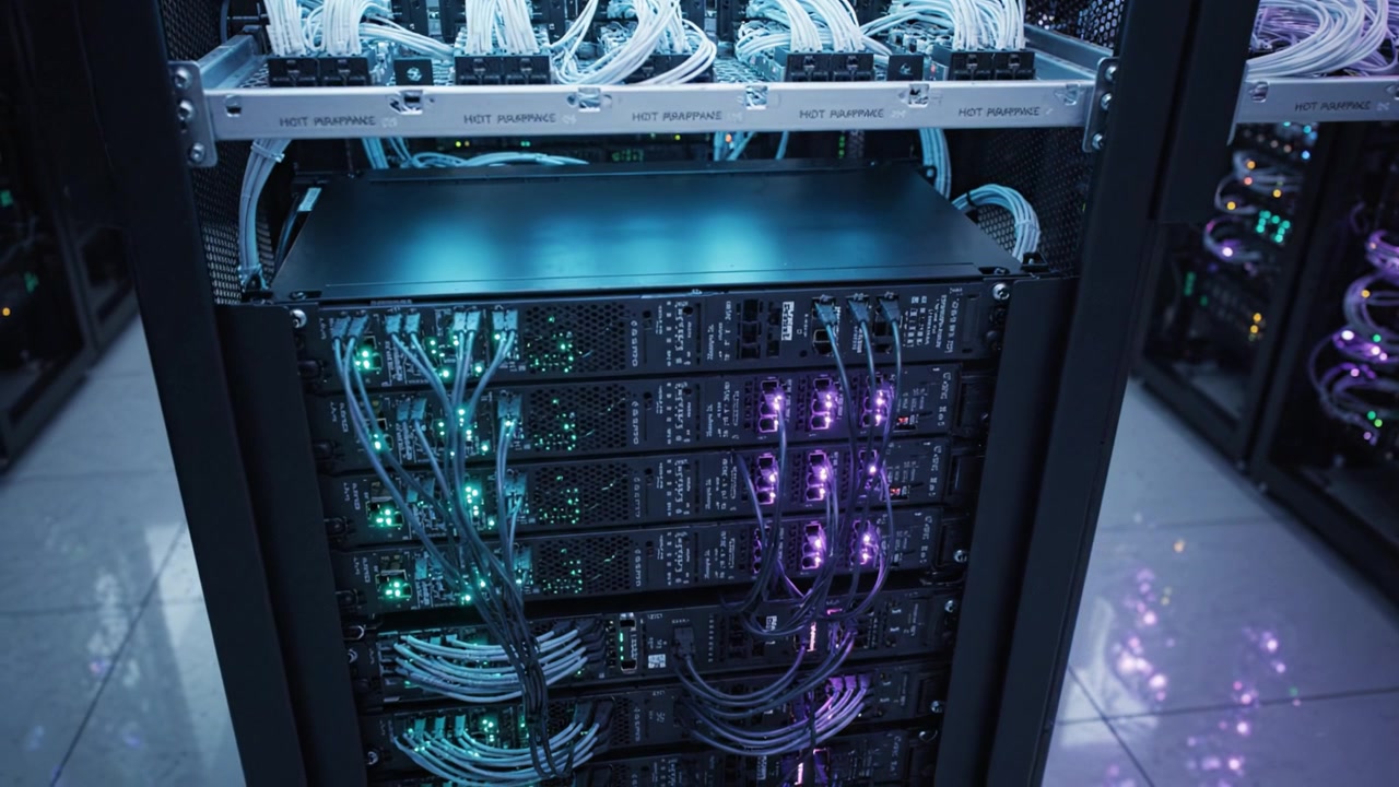High-Performance Server Rack Featuring Advanced Networking Equipment and Colorful LED Lighting, Showcasing Modern Data Center Infrastructure and Connectivity Solutions