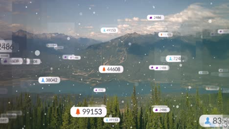 Multiple-speech-bubbles-with-social-media-icons-and-increasing-numbers-against-mountain-landscape