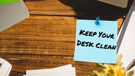 animation of keep your desk clean text on memo note on desk