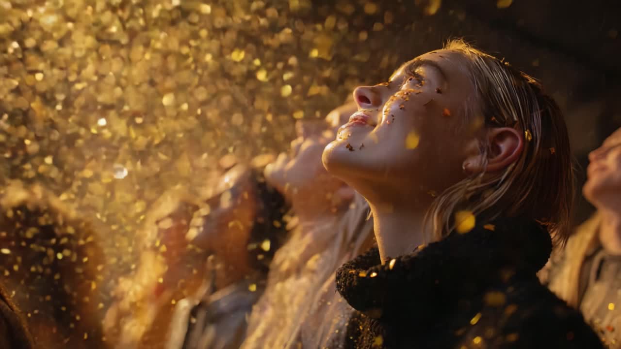 Joyful celebration captured in vibrant splendor as golden confetti rains down, illuminating faces filled with happiness and wonder in a lively atmosphere of excitement