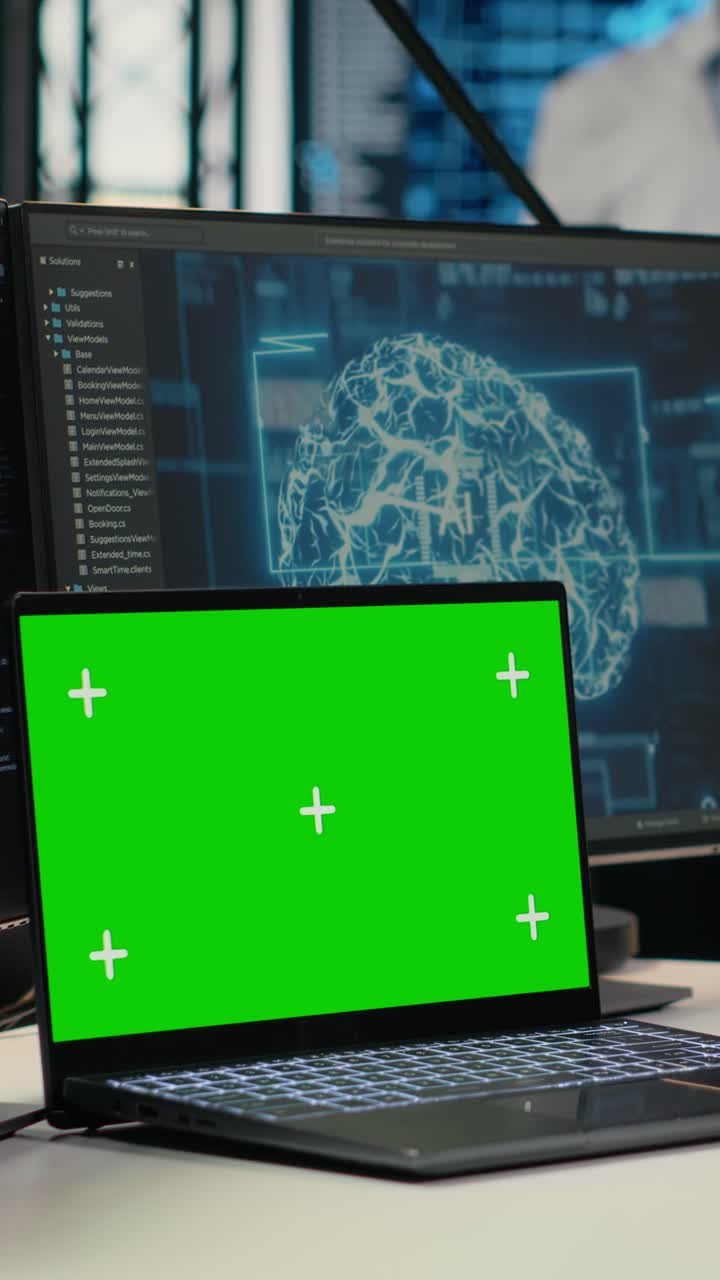 Vertical video Isolated screen computer used by technician in AI startup office