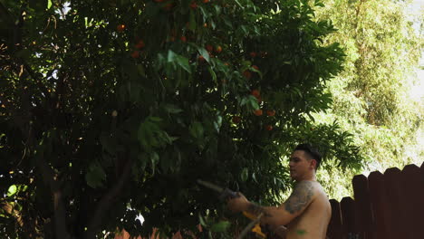 topless millennial using reciprocating saw to cut branches of tree, smiling and laughing directly at camera