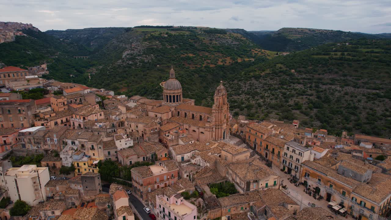 Aerial view of Ragusa Ibla, Sicily, Italy. Urban old town pattern with visible cathedral square.
