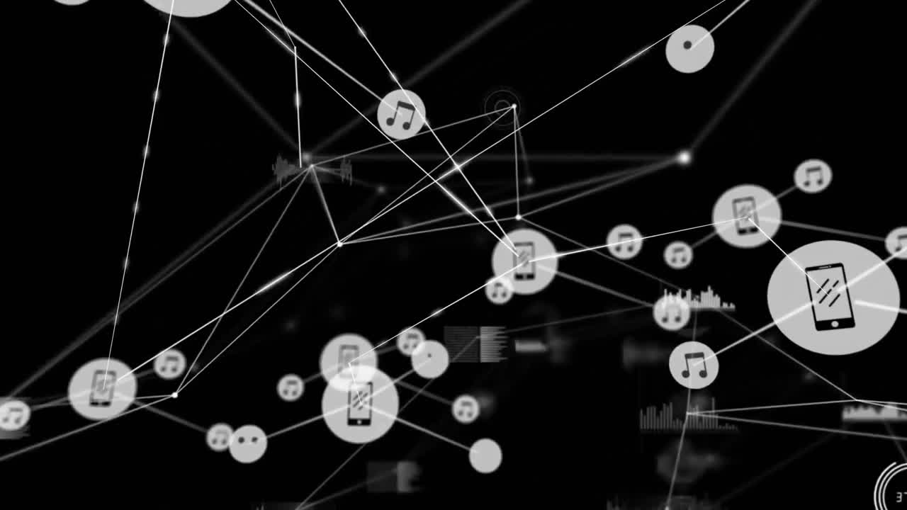 Animation of networks of connections with icons over black background