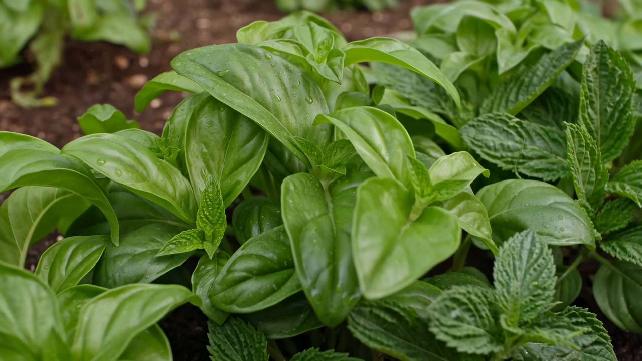 Fresh Green Basil And Mint, Closeup Of Dewy Leaves In Soil Bed, Morning Light Highlighting Glossy Foliage,