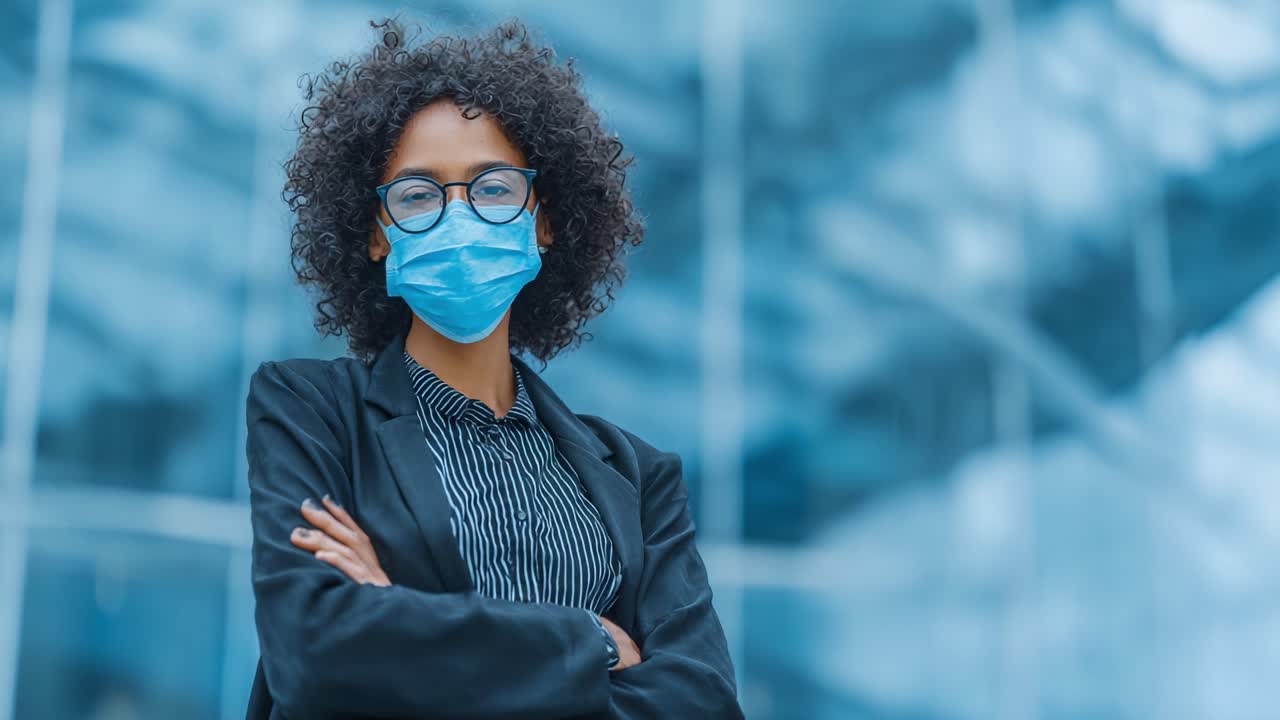 A confident woman wearing a face mask stands with her arms crossed, showcasing both style and safety while posing against a modern building with a reflective facade