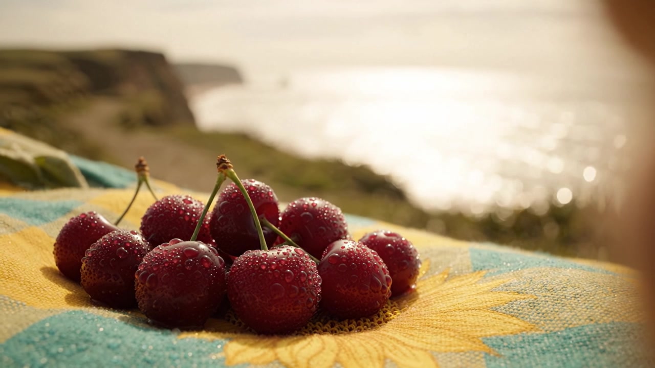 Un'abbondanza rinfrescante di ciliegie rugiadose su una coperta a tema girasole in riva al mare, catturate in una serena luce naturale, perfette per il piacere estivo e le delizie culinarie.
