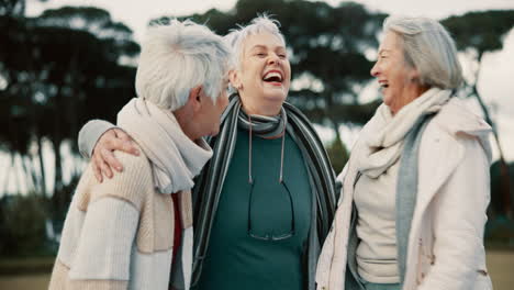 talking, funny and senior woman friends outdoor