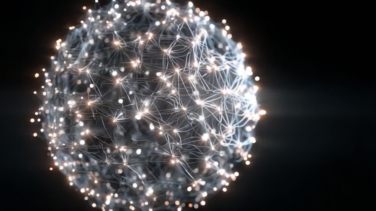 A Captivating Visualization of an Abstract Sphere Representing Network Connections and Interconnectedness, Featuring a Mesmerizing Design of Glowing Nodes and Thread-like Structures on a Dark Background