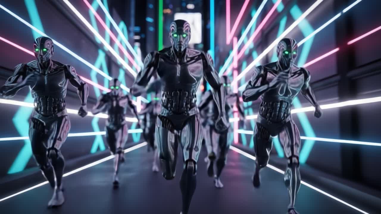 Futuristic Robotics: A Fleet of Cybernetic Entities Racing Through a Neon-Lit Corridor in a High-Speed Pursuit Dynamic