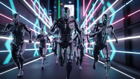 futuristic robotics: a fleet of cybernetic entities racing through a neon-lit corridor in a high-speed pursuit dynamic