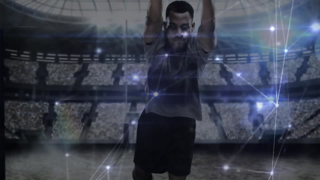 경기장에서 아프리카계 미국인 남성 럭비 선수에 대한 연결 네트워크의 애니메이션